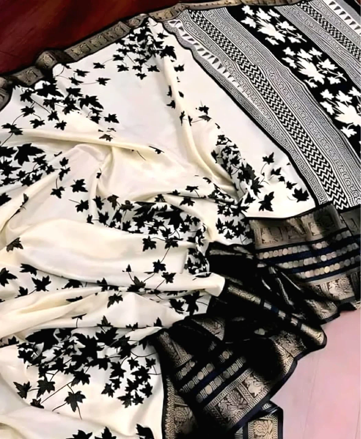White and Black Saree with Leaf Print