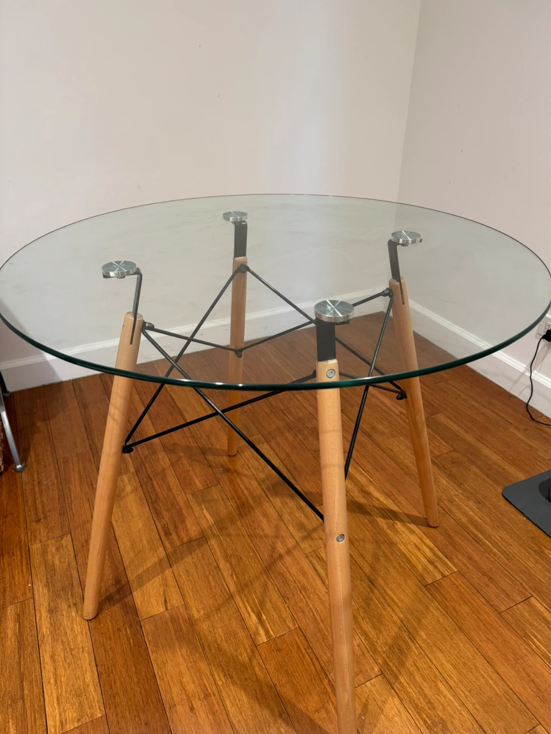 Round Glass Dining Table with Wood Legs - photo 3