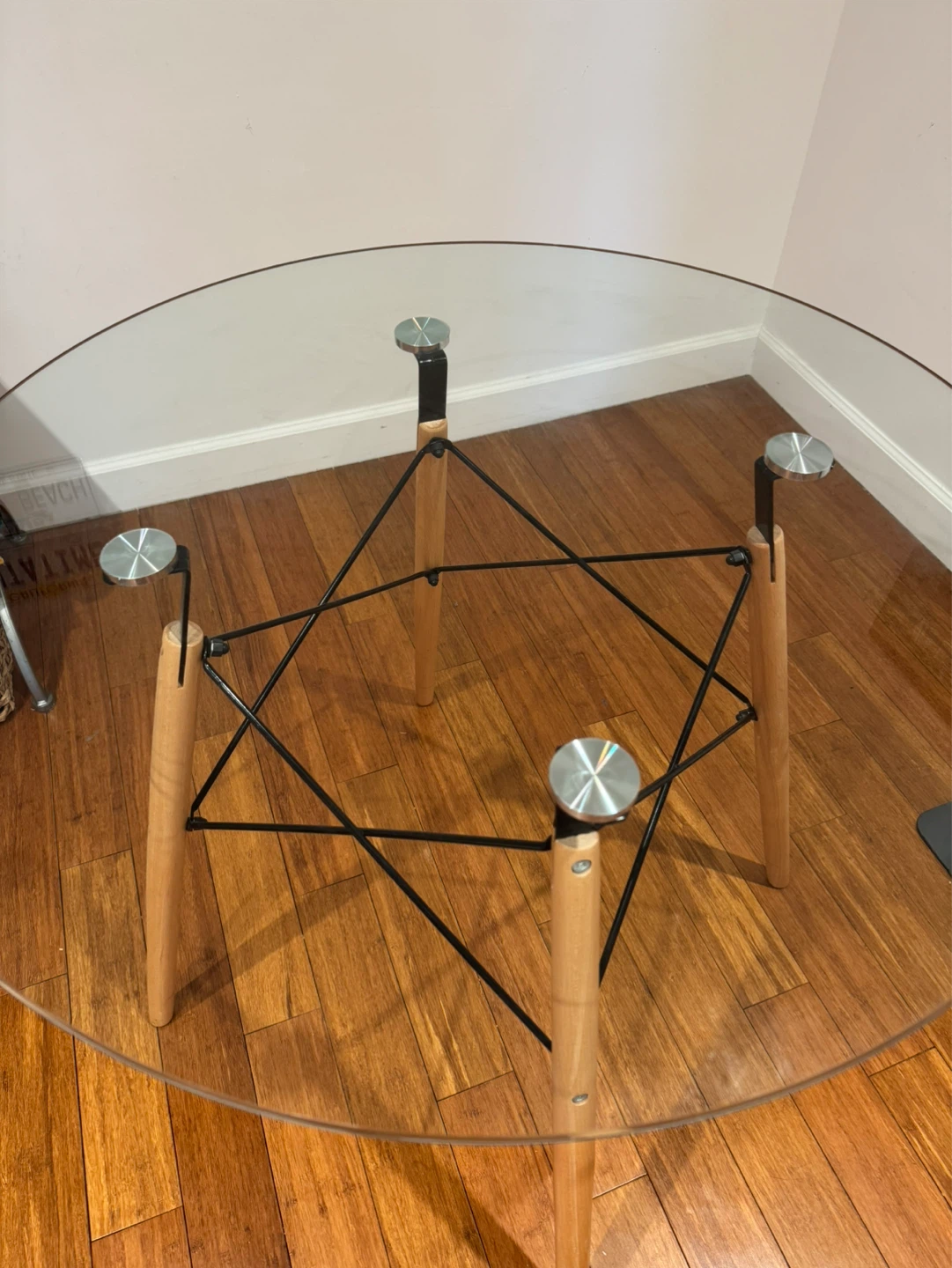 Round Glass Dining Table with Wood Legs - photo 2