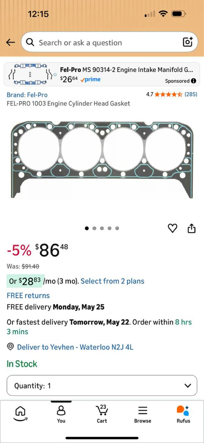 Fel-Pro 1003 Head Gasket for Chevrolet Small Block V8 265 283 l