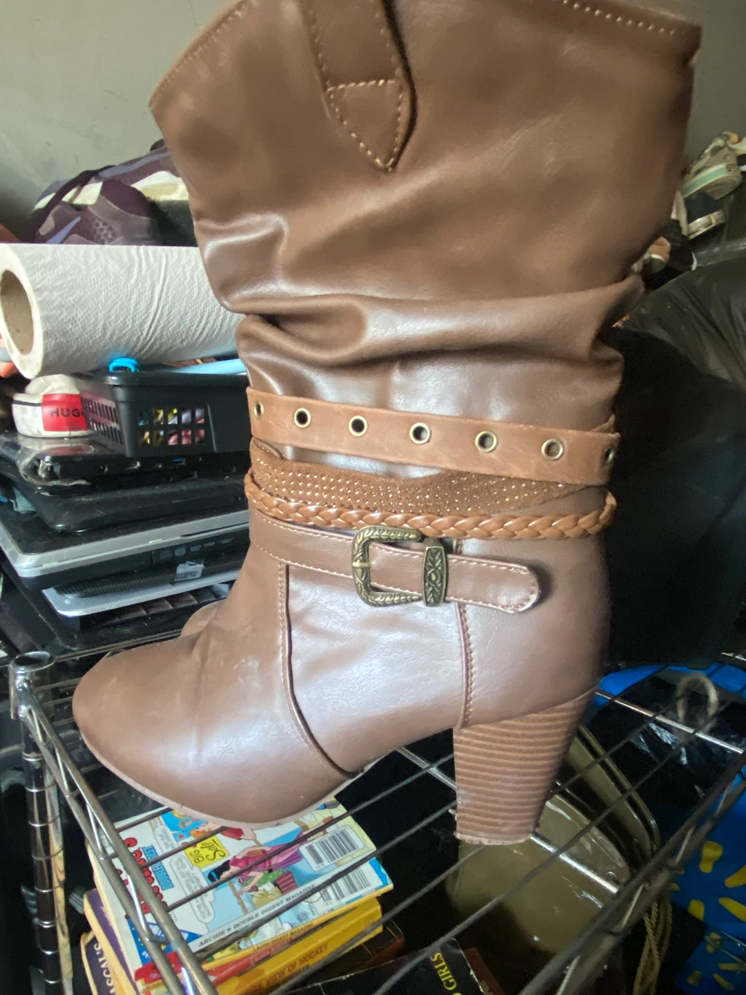 Brown Faux Leather Slouch Boots - Size 8