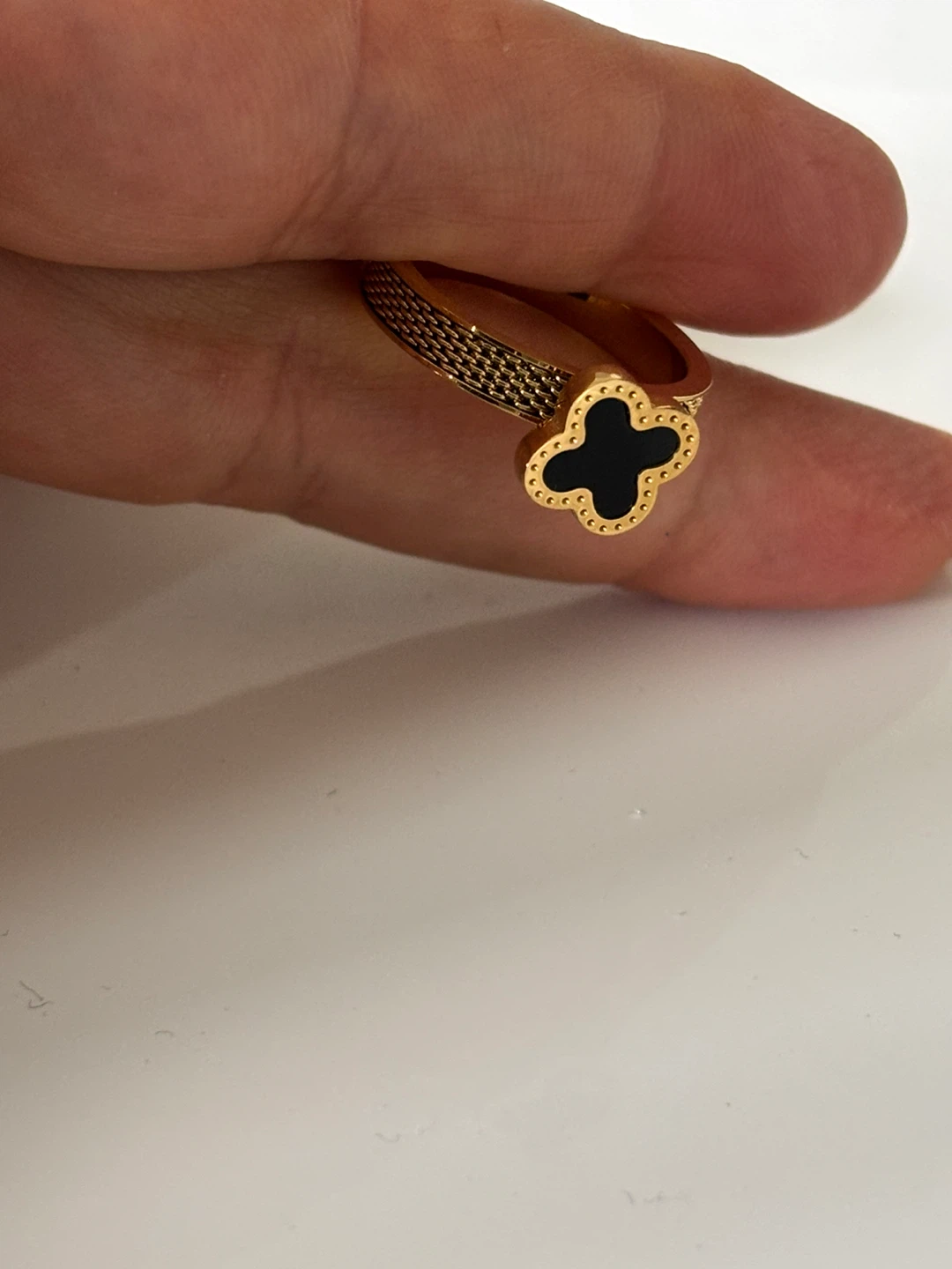 Gold plated Clover Ring with Black Enamel - photo 2