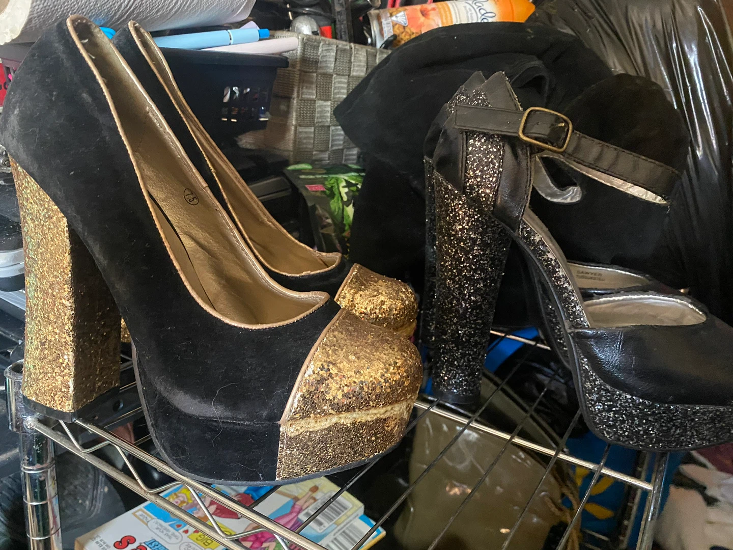 Black and Gold Glitter Platform Heels