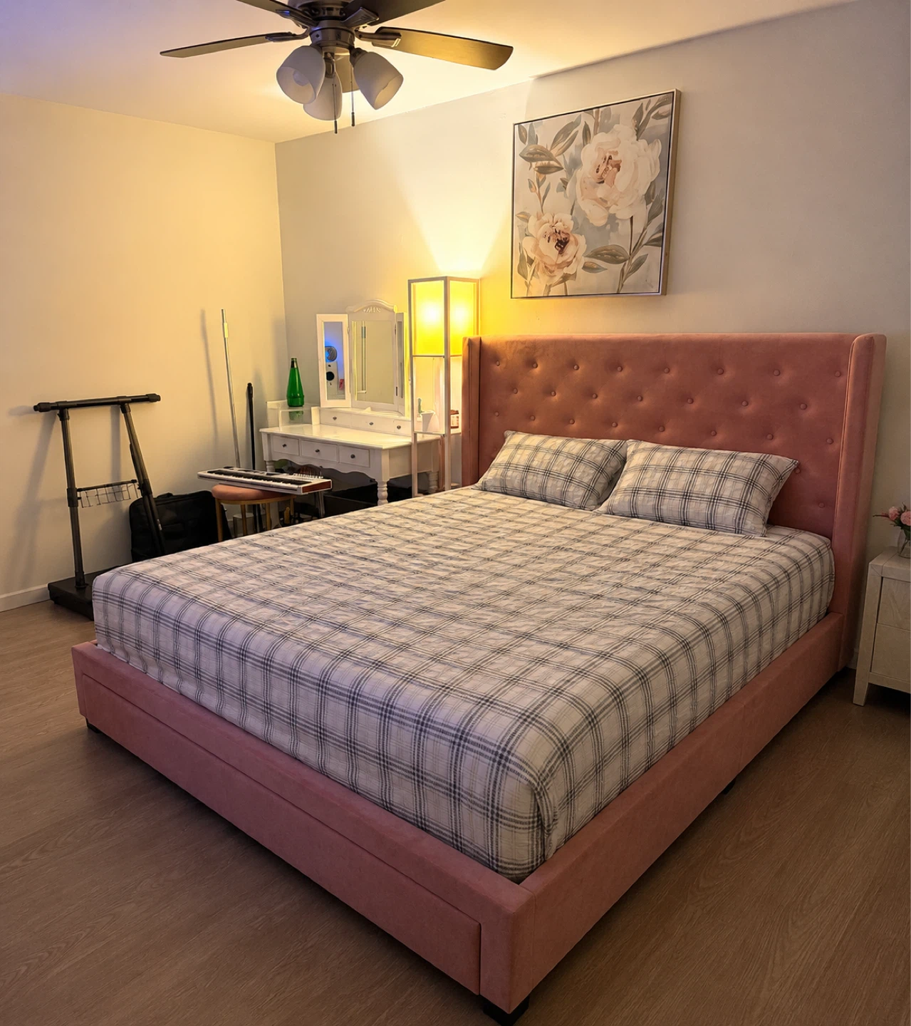Pink Upholstered King Bed Frame