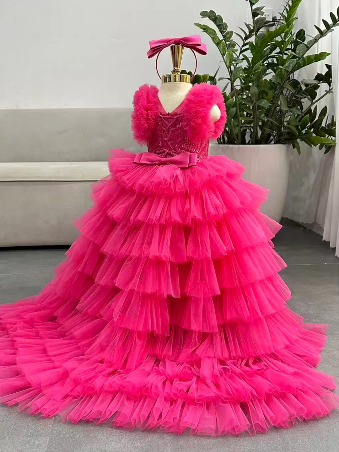 Girls Pink Sequin Tulle Ruffle Dress with Headband