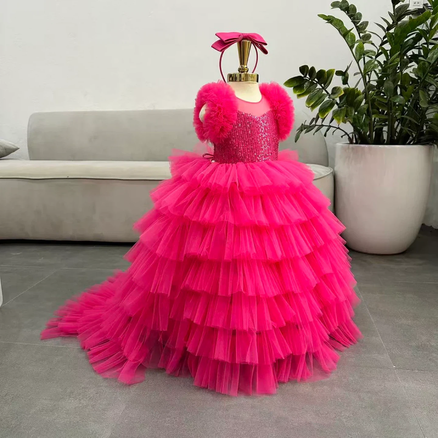 Girls Pink Sequin Tulle Ruffle Dress with Headband - photo 2