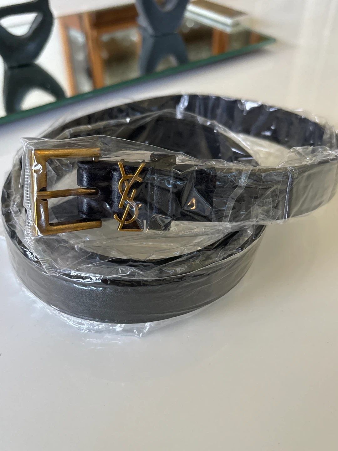 Black Leather Belt with Gold Buckle