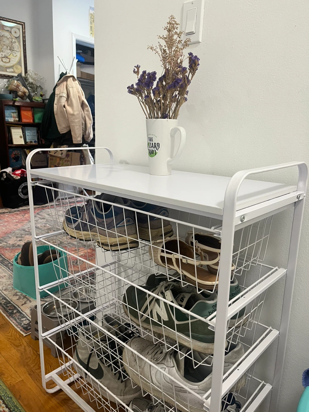 White 4-Tier Wire Shoe Rack with Top Shelf