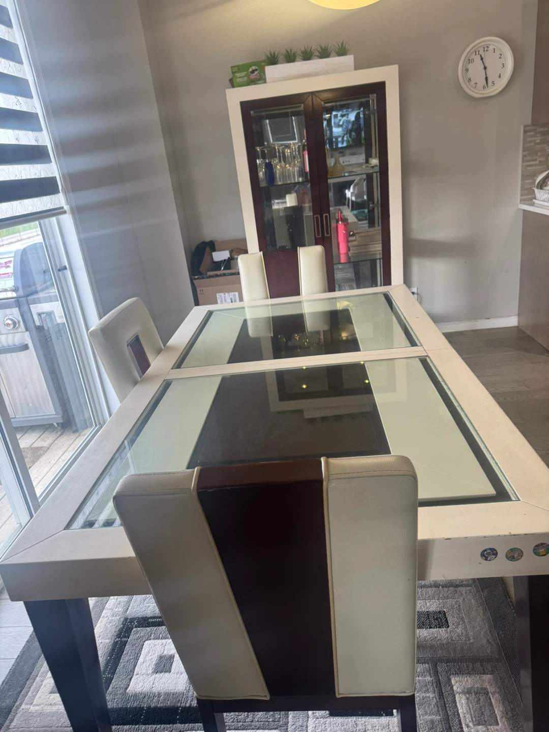 Matching glass shelf with light and dinning set
