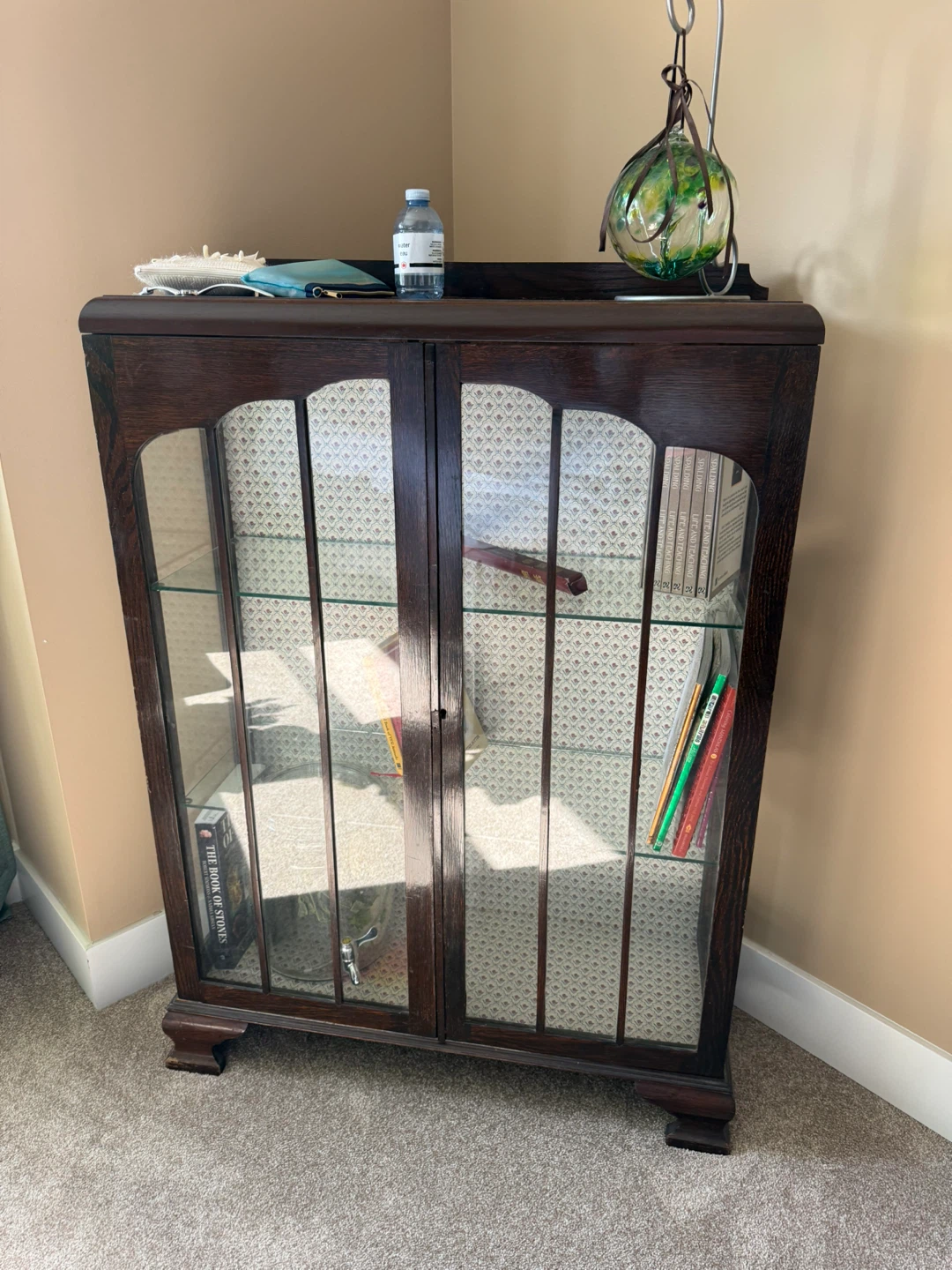Vintage Dark Wood Glass Display Cabinet