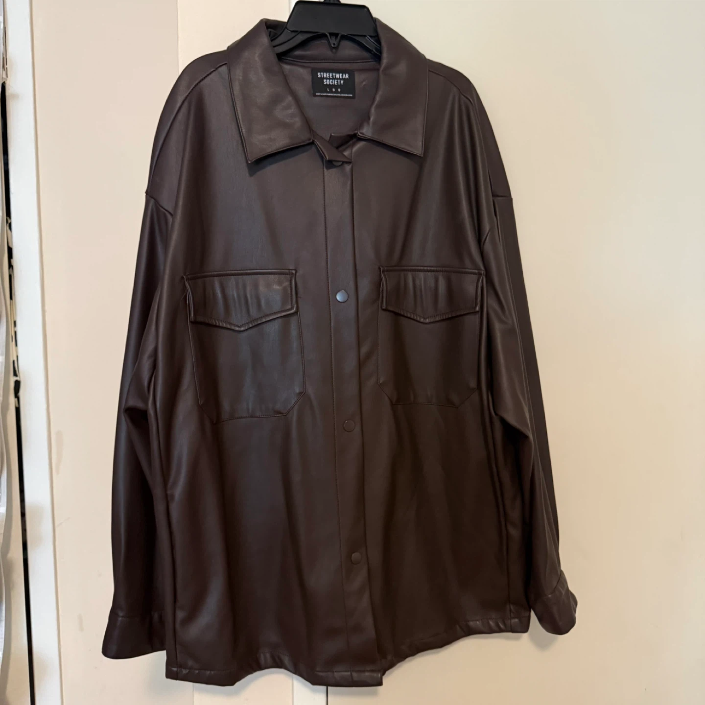 Faux Leather Shirt Jacket - Brown