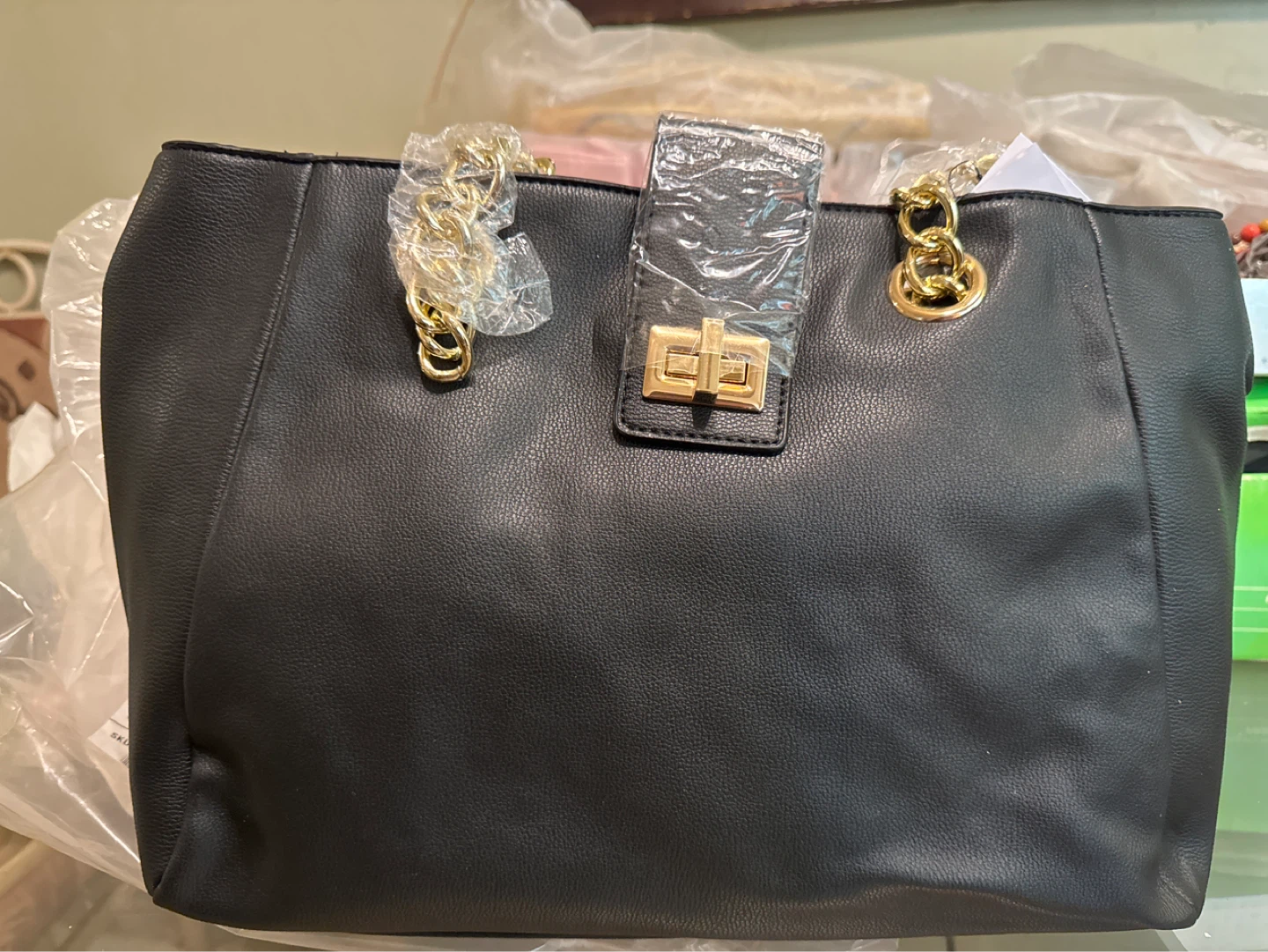 Black Faux Leather Tote Bag with Gold Hardware