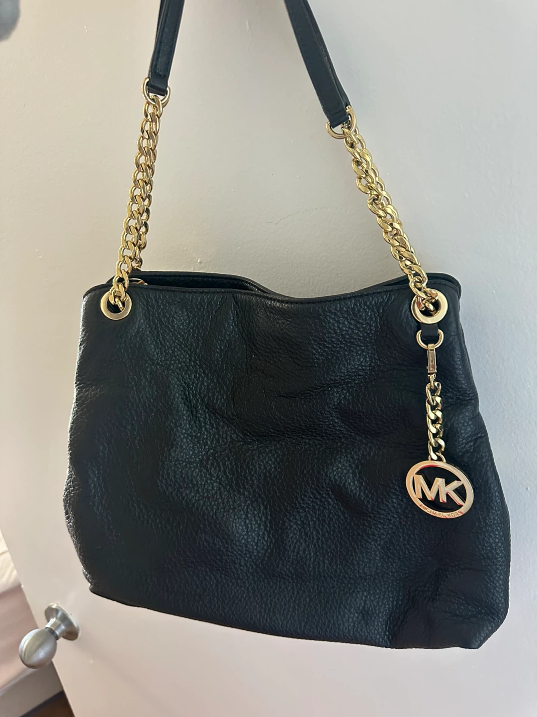 Michael Kors Black Leather Hobo Handbag with Gold Chain
