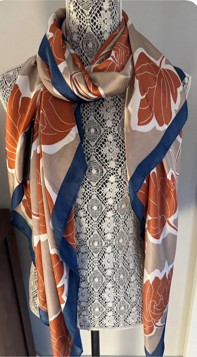 Floral Print Scarf - Brown, Orange, Blue
