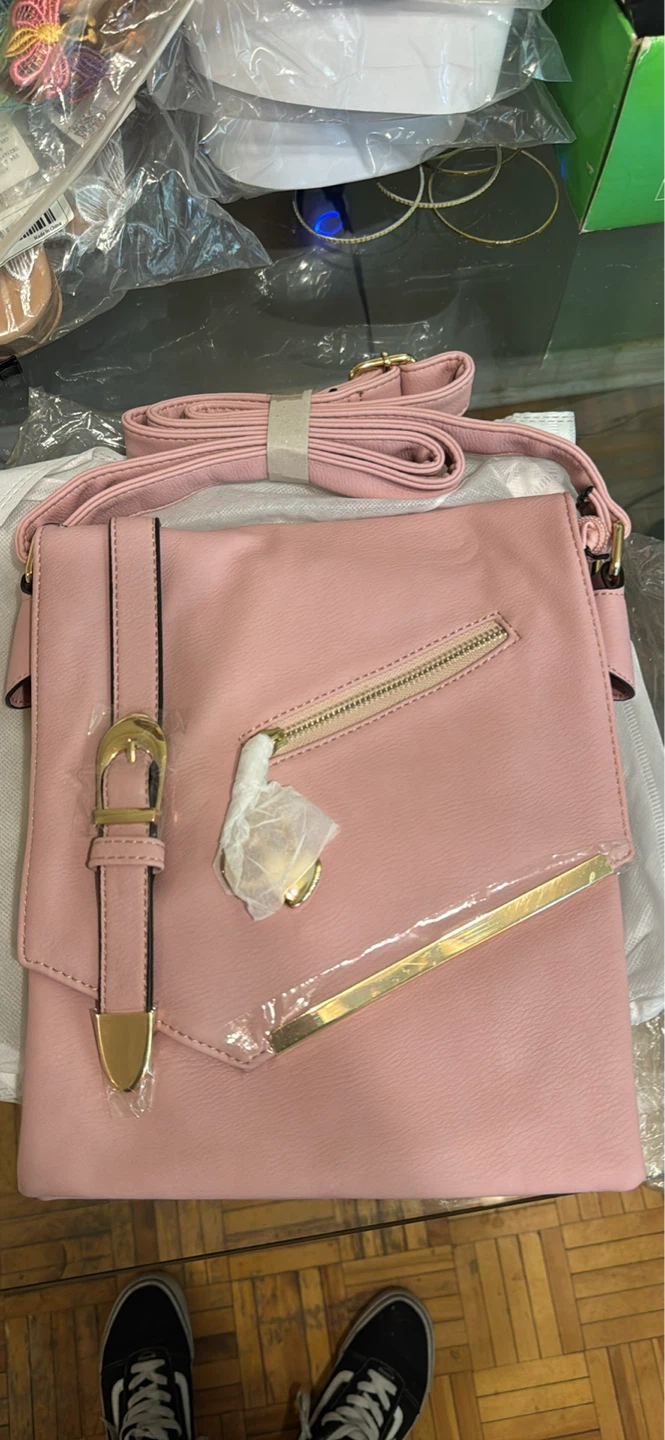 Pink Faux Leather Crossbody Bag with Gold Accents