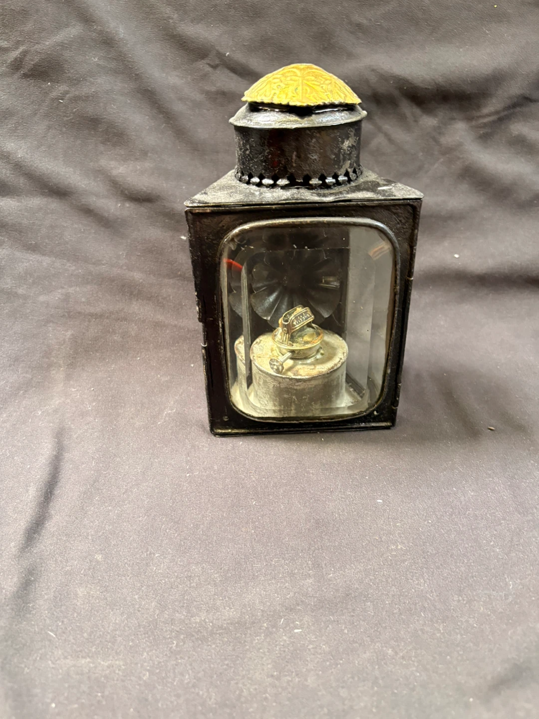 Vintage Black Metal Oil Lantern with Glass Panes