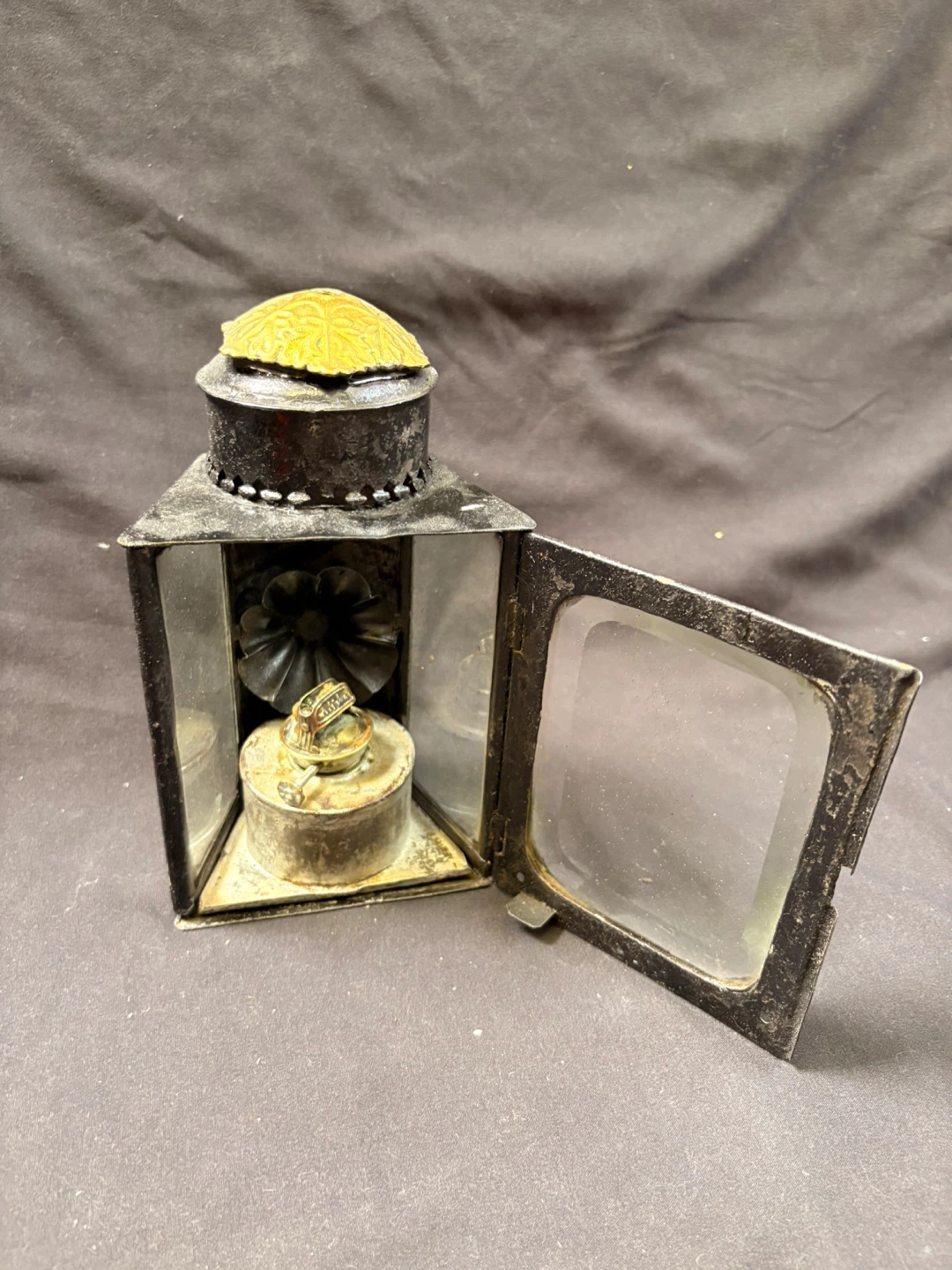 Vintage Black Metal Oil Lantern with Glass Panes - photo 2