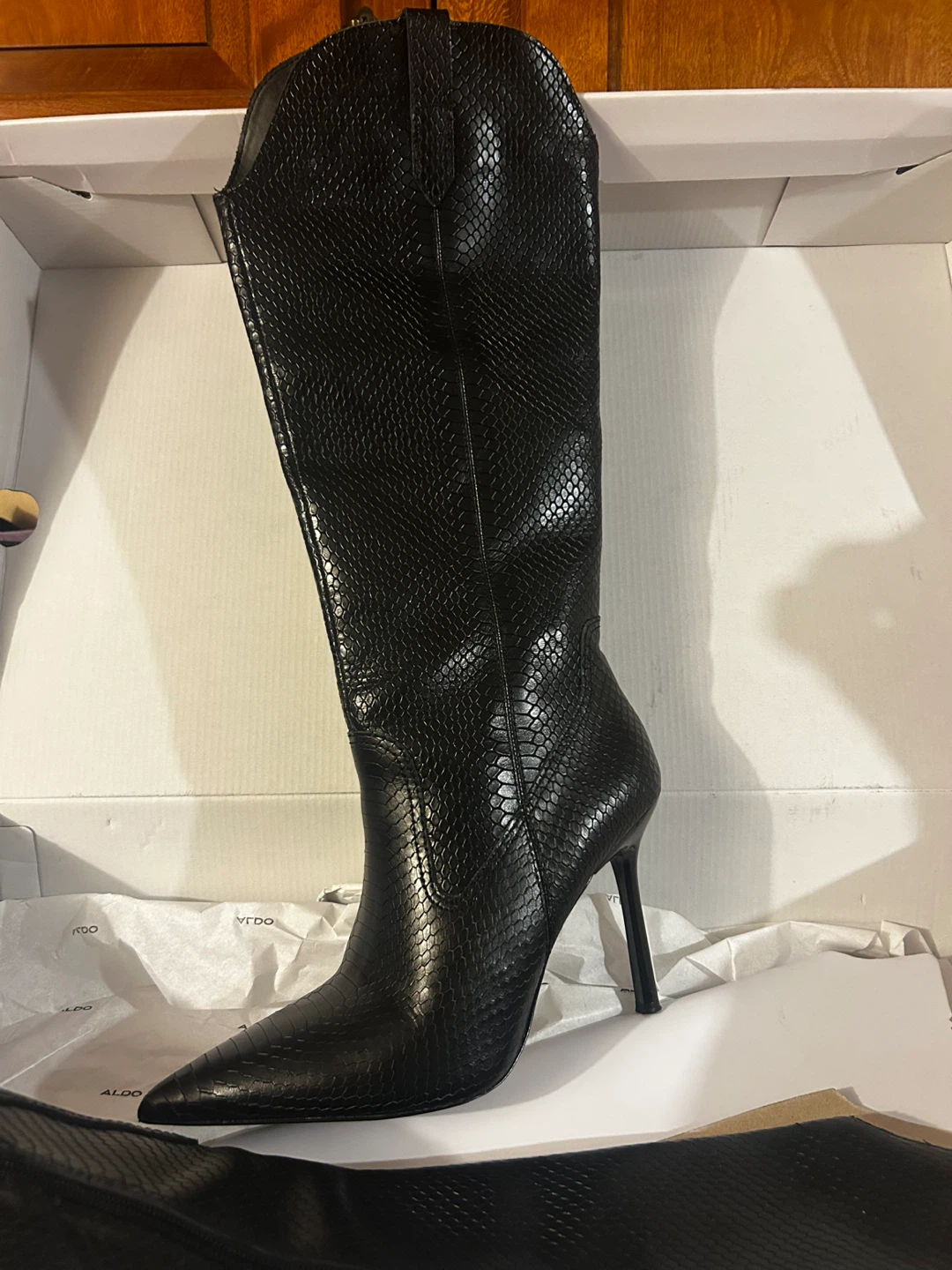 ALDO Black Faux Snake Print Knee-High Stiletto Boots
