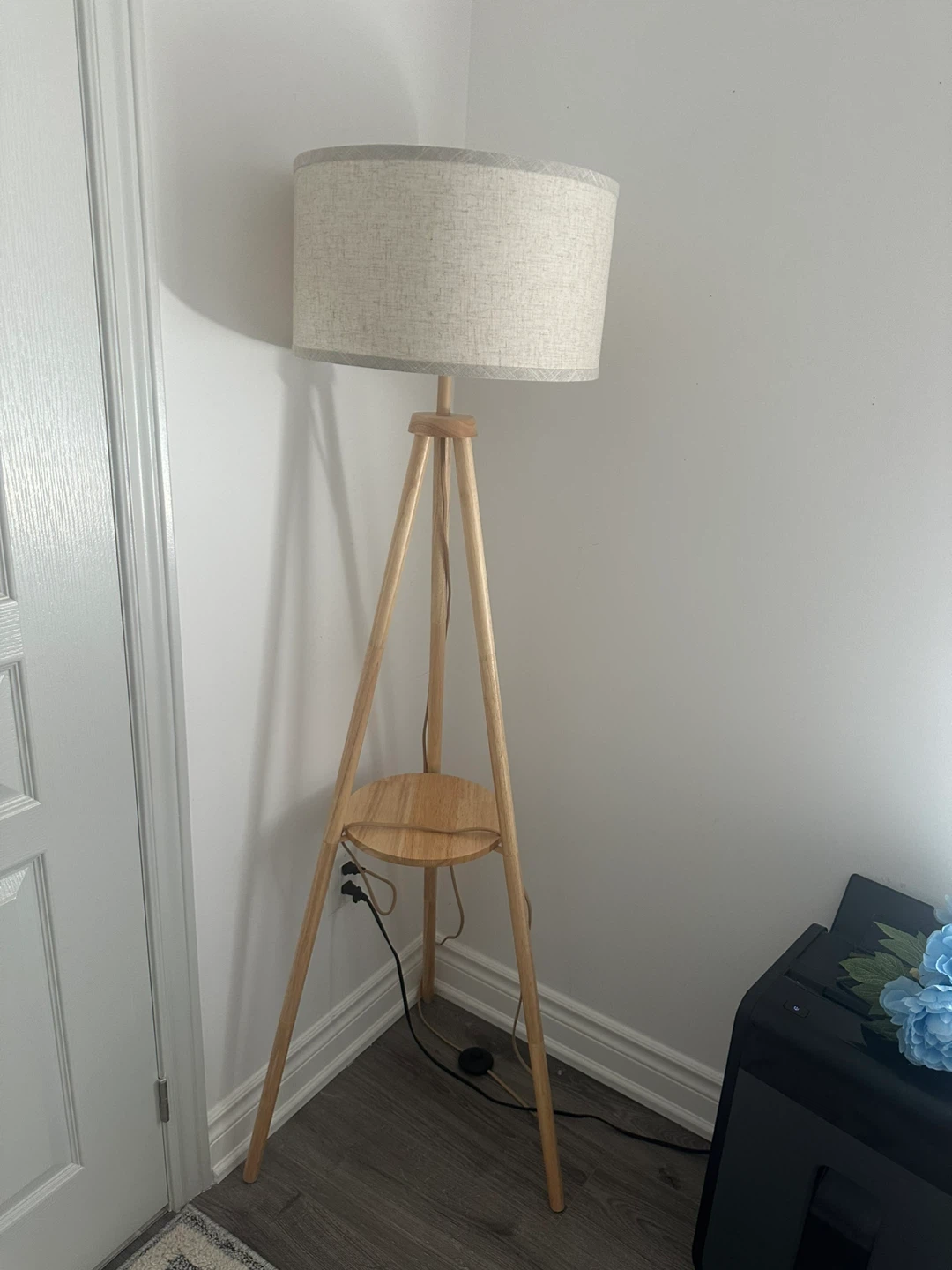 Wooden Tripod Floor Lamp with Shelf