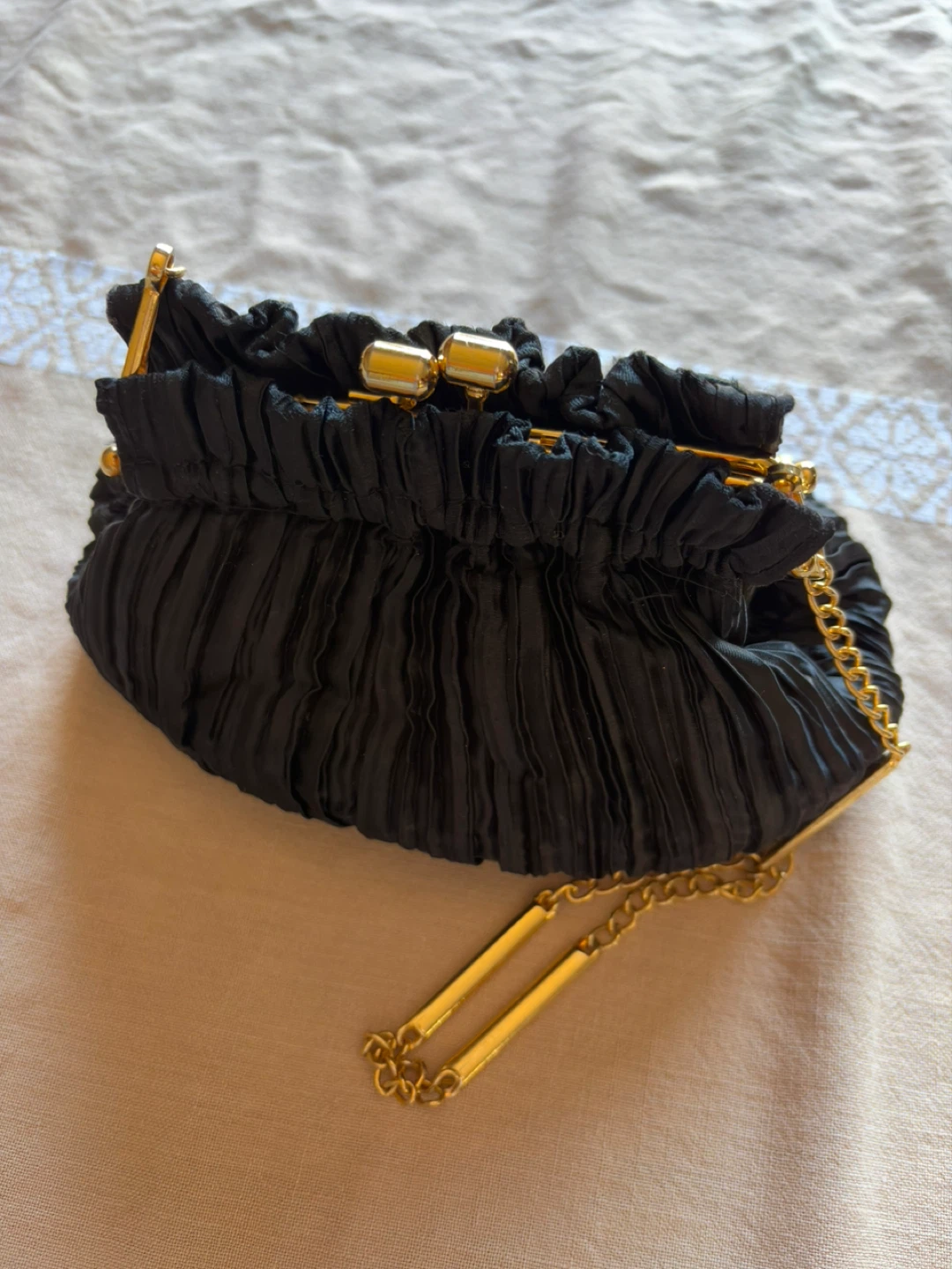 Black Pleated Clutch with Gold Chain - photo 2