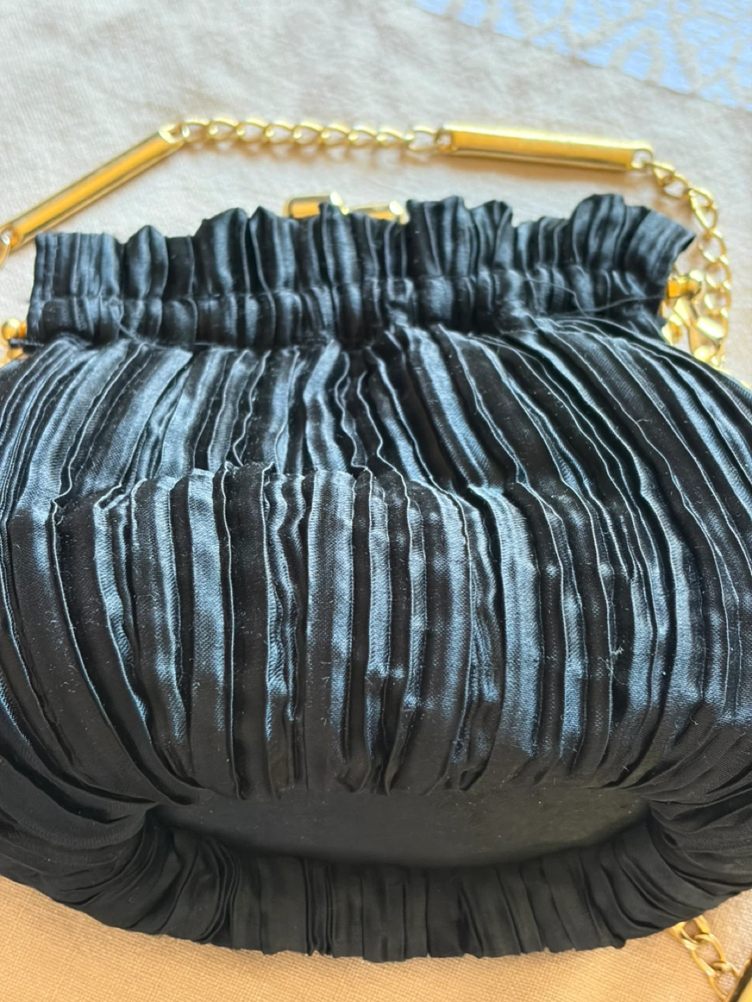 Black Pleated Clutch with Gold Chain