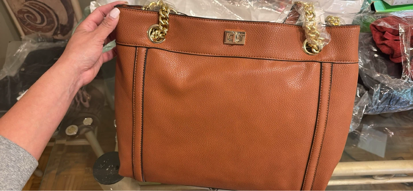 Brown Faux Leather Tote Bag with Gold Chain Straps