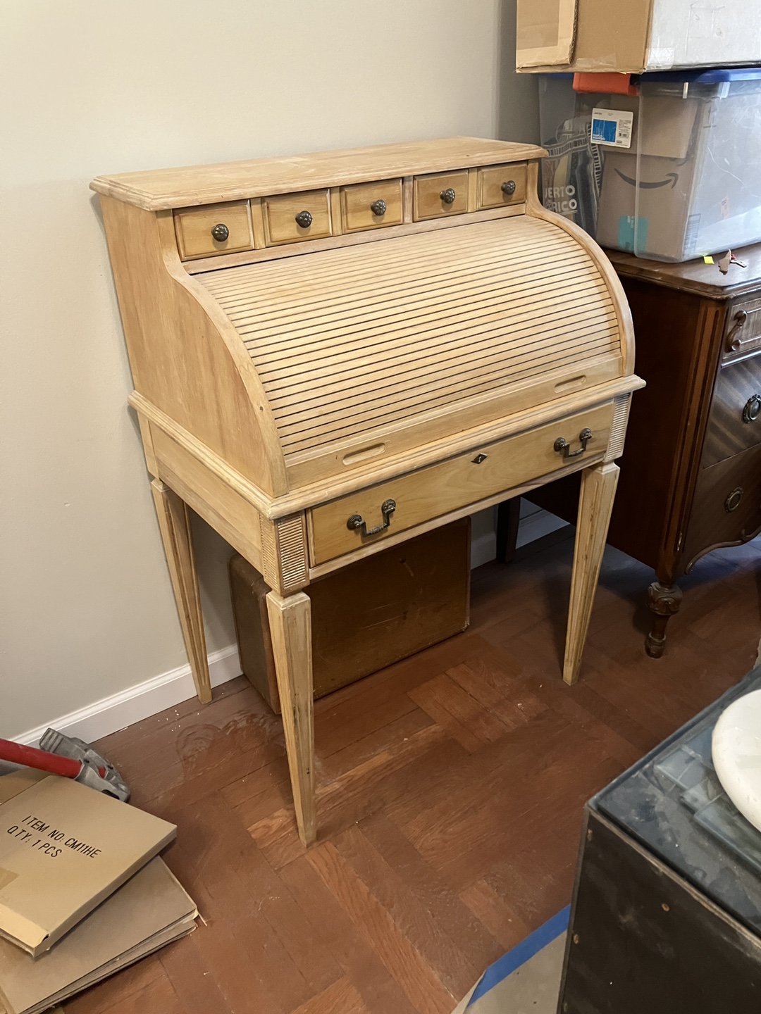 Vintage Wooden Roll Top Desk with Drawers 31” wide, 21” deep,