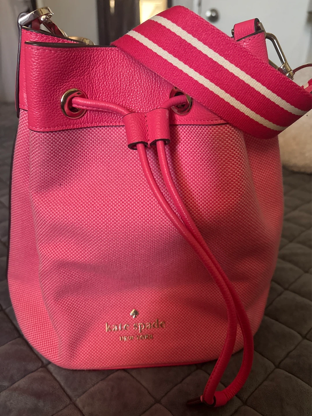 Kate Spade Pink Bucket Bag with Striped Strap