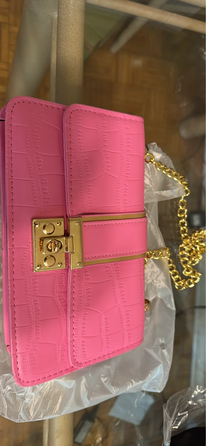 Pink Faux Croc Chain Shoulder Bag