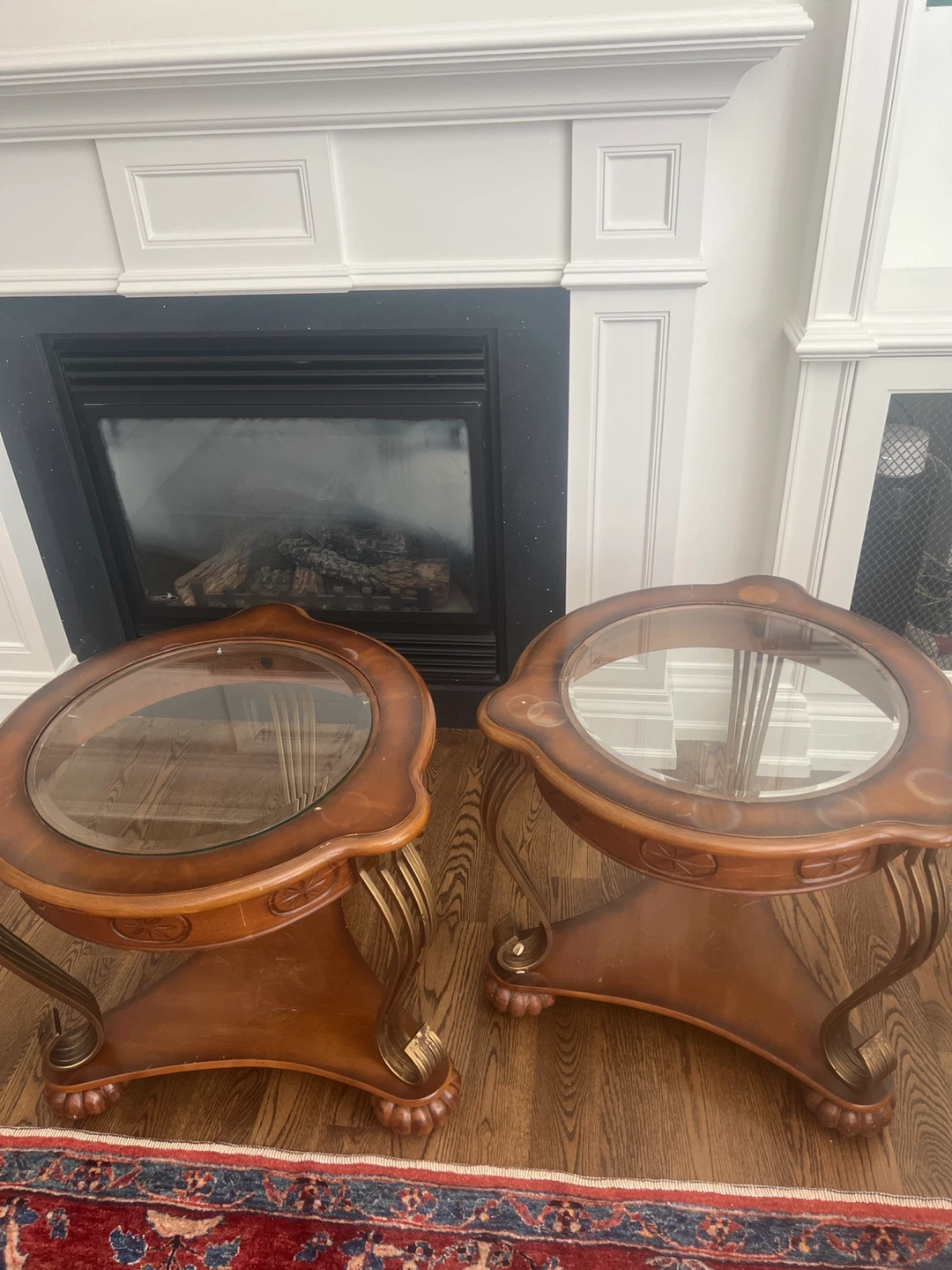Set of 2 Vintage Ornate Wood & Glass Side Tables - photo 2