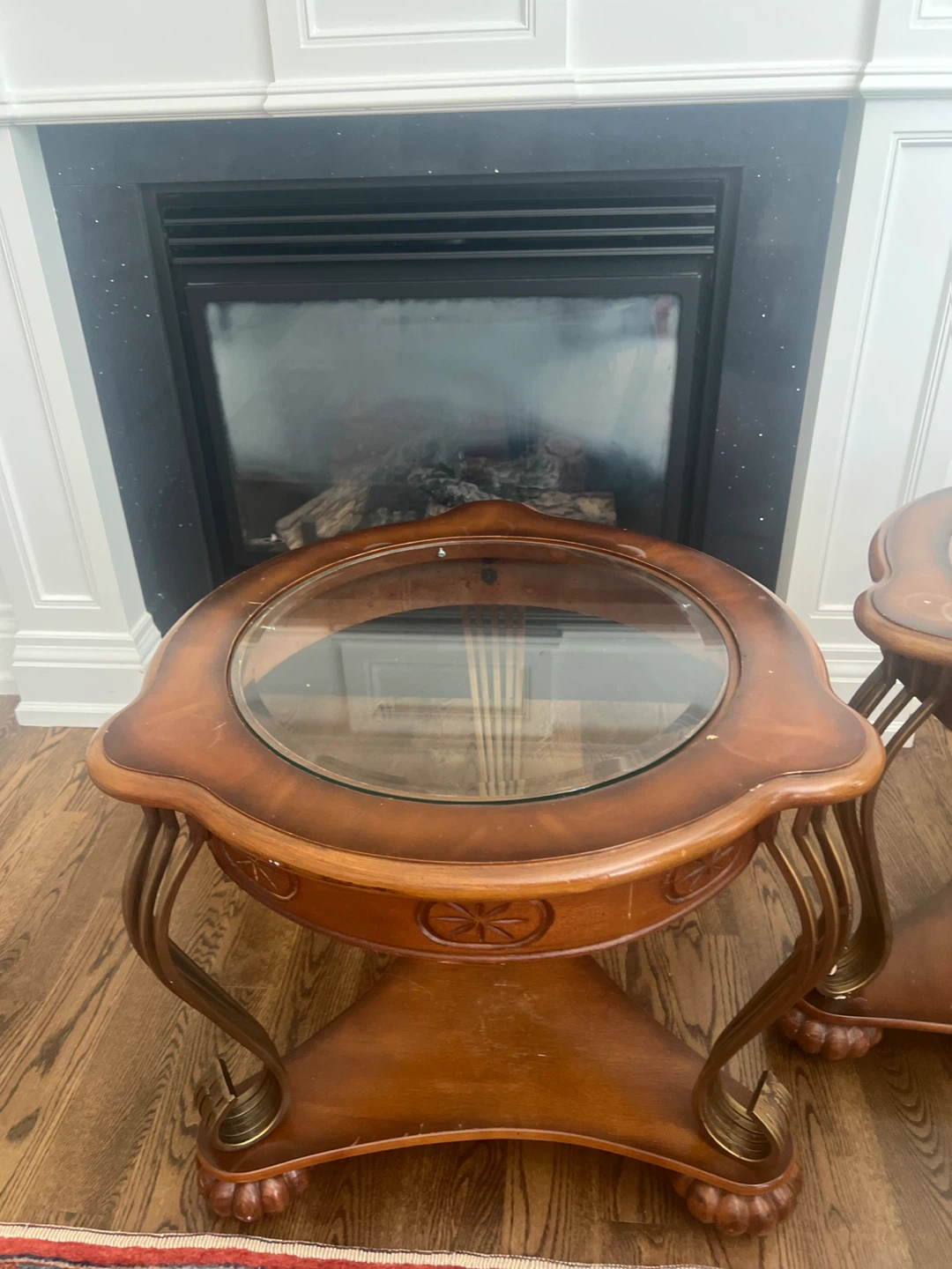 Set of 2 Vintage Ornate Wood & Glass Side Tables