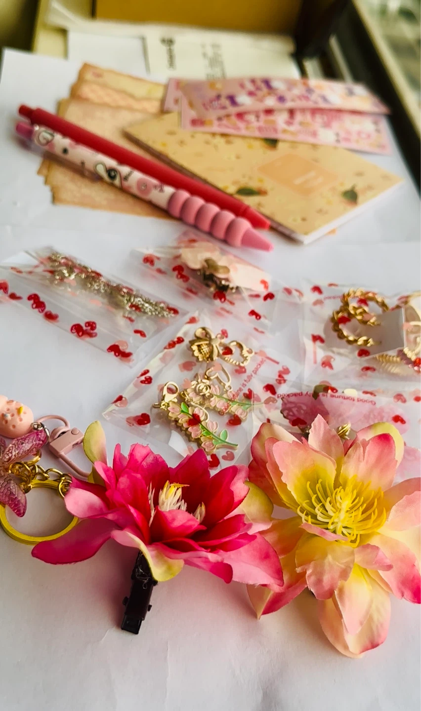 Pink and Red Decorative Pen Set with Charms and Stickers