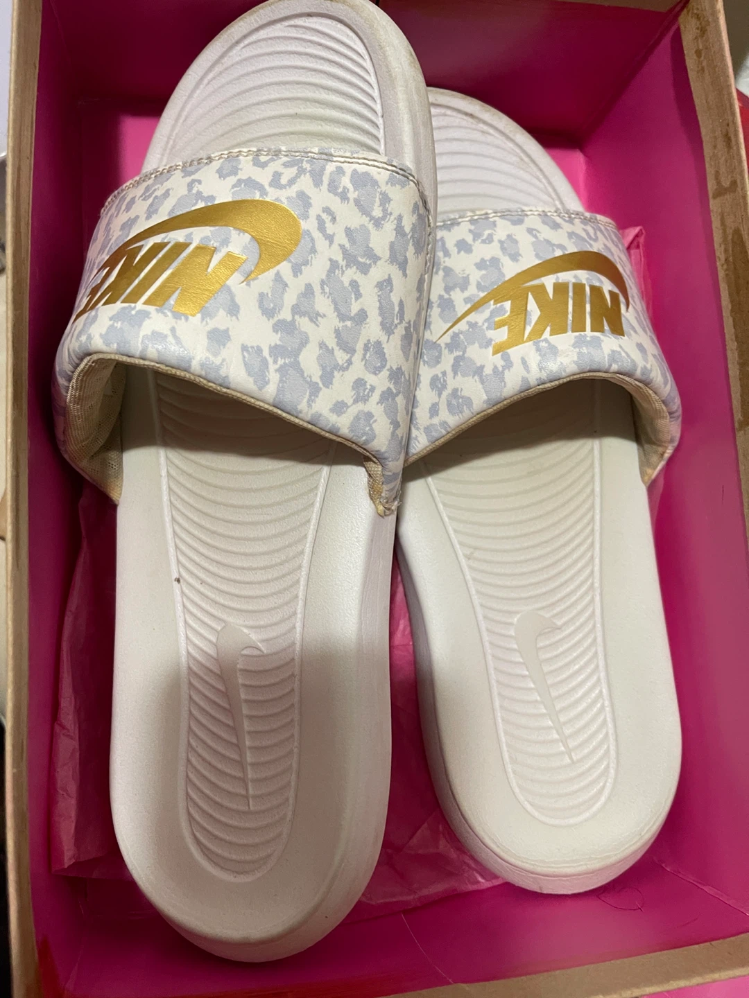 Nike Slide Sandals - White/Gold Leopard Print - Women's Size 8
