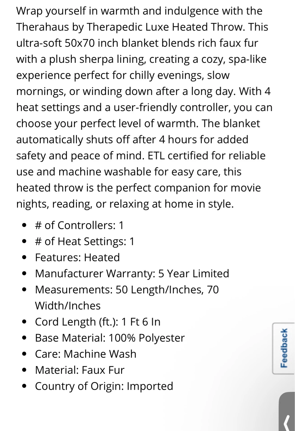 Therapedic Luxe Heated Throw Blanket 50x70 Inch Faux Fur White - photo 5