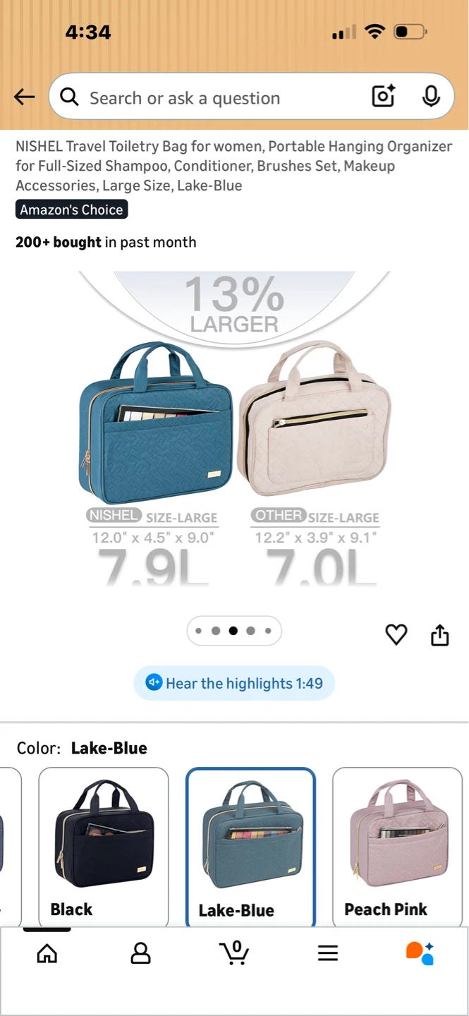 NISHEL Quilted Travel Toiletry Bag Organizer - Lake Blue
