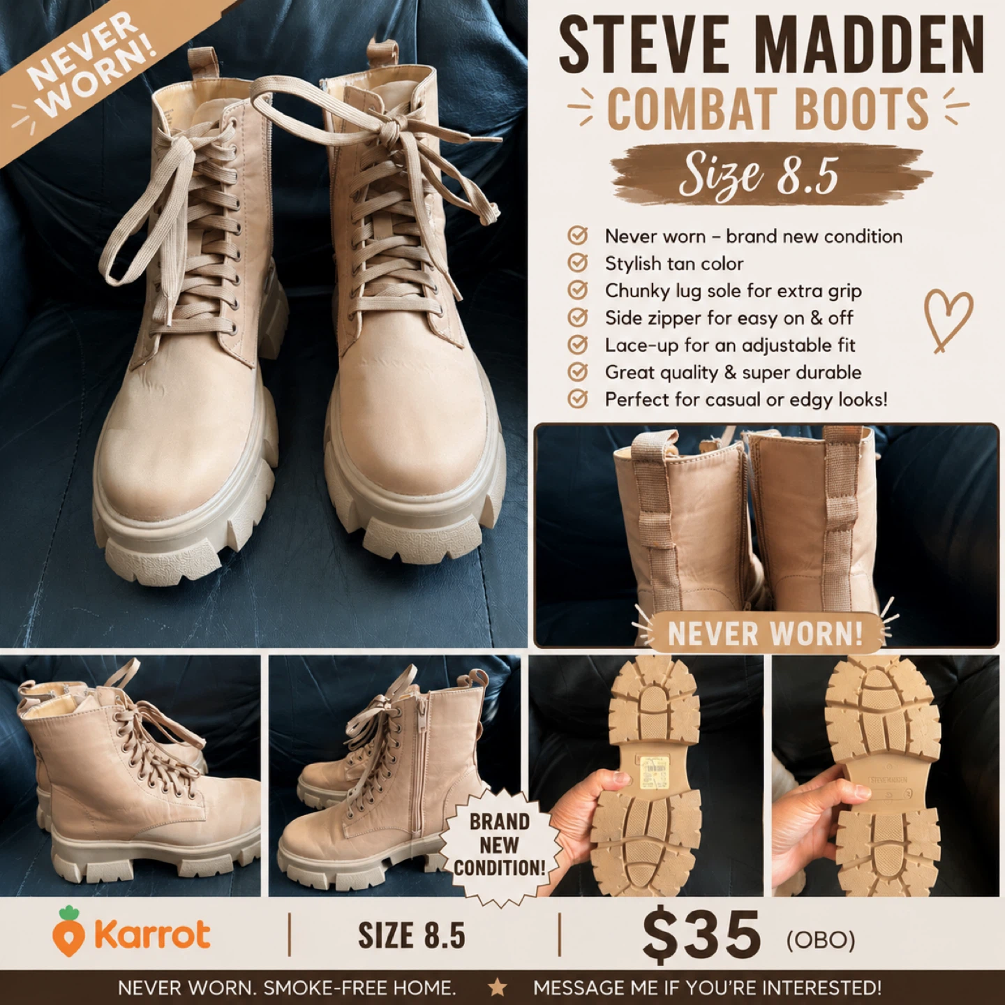 Steve Madden Combat Boots - Tan, Size 8.5