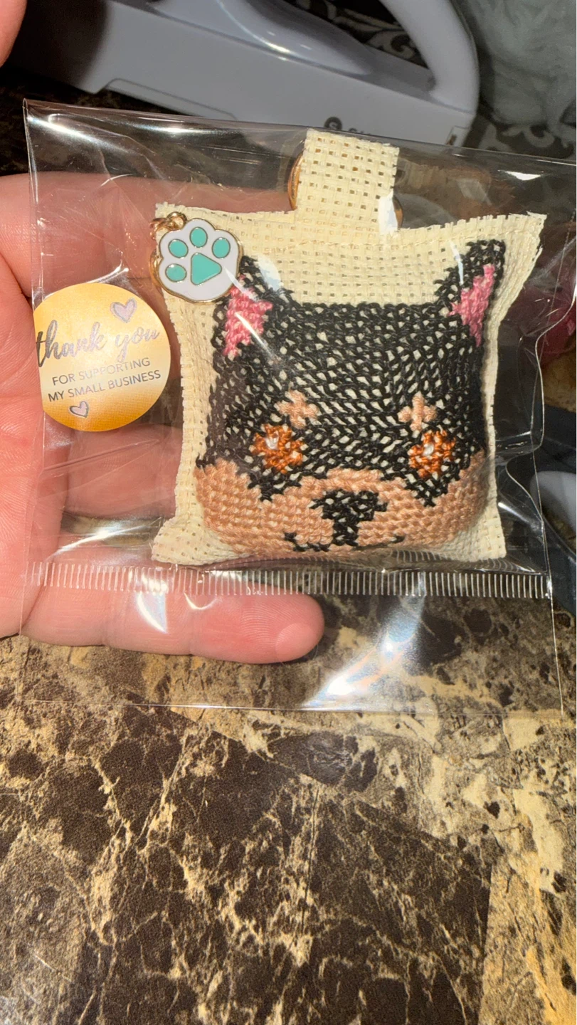 Handmade Cross-Stitch Cat Face Keychain
