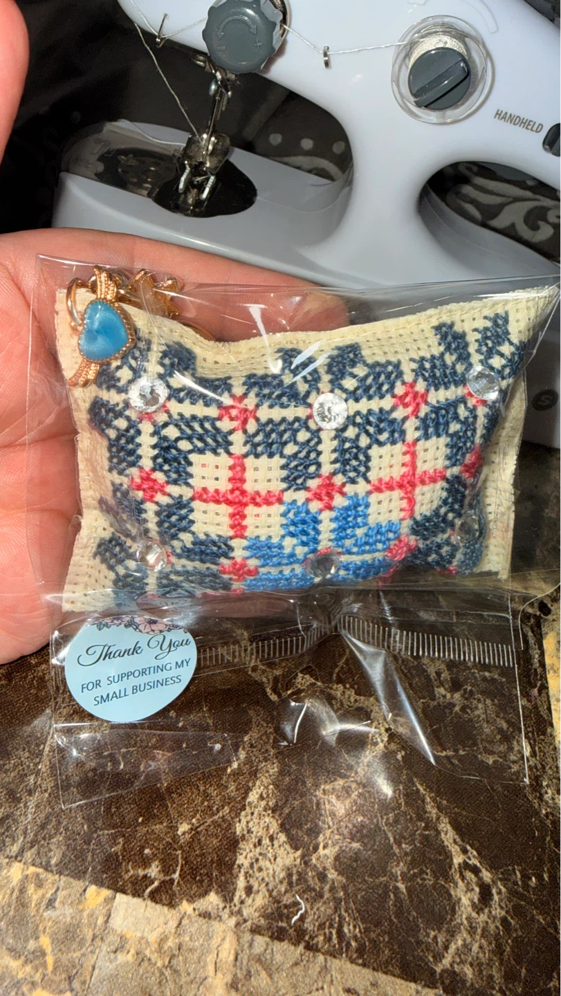 Handmade Embroidered Keychain Charm with Blue Heart