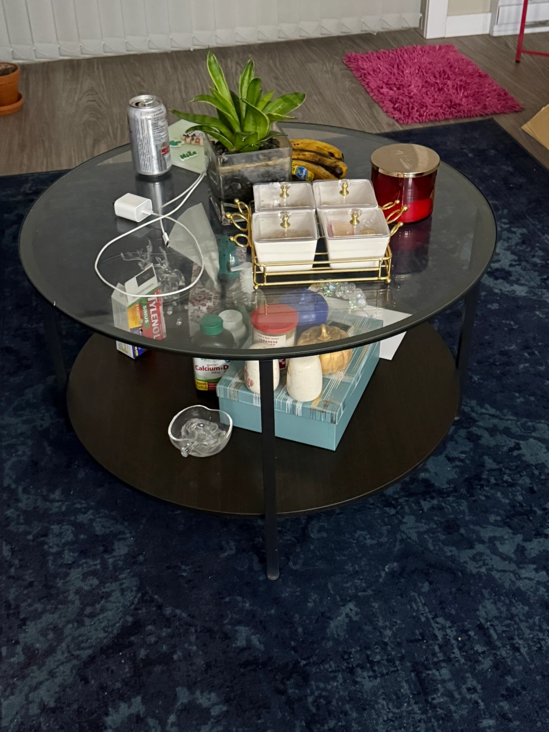 Round Coffee Table with Glass Top and Wood Shelf