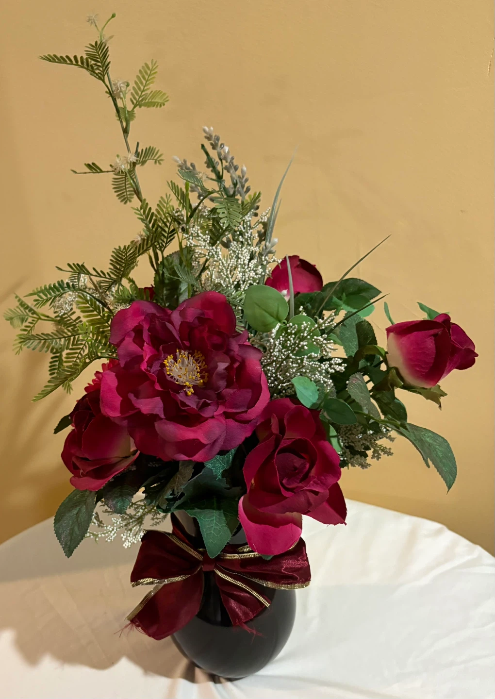 Artificial Flower Arrangement in Black Vase with Burgundy Bow - photo 5