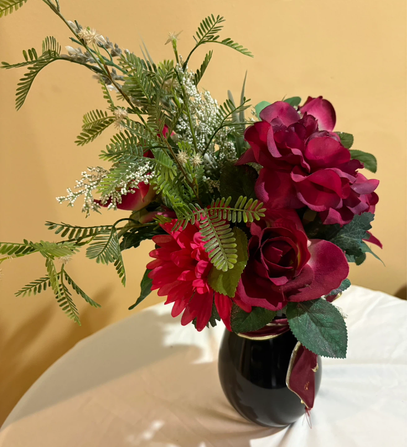 Artificial Flower Arrangement in Black Vase with Burgundy Bow - photo 3