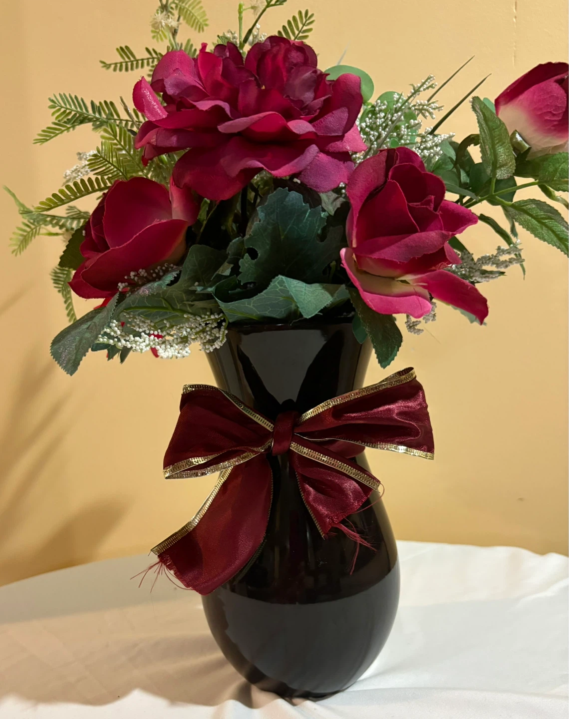 Artificial Flower Arrangement in Black Vase with Burgundy Bow - photo 4