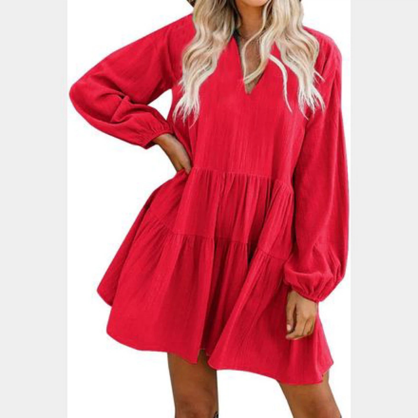 Free delivery Women's Red Tiered Long Sleeve Dress