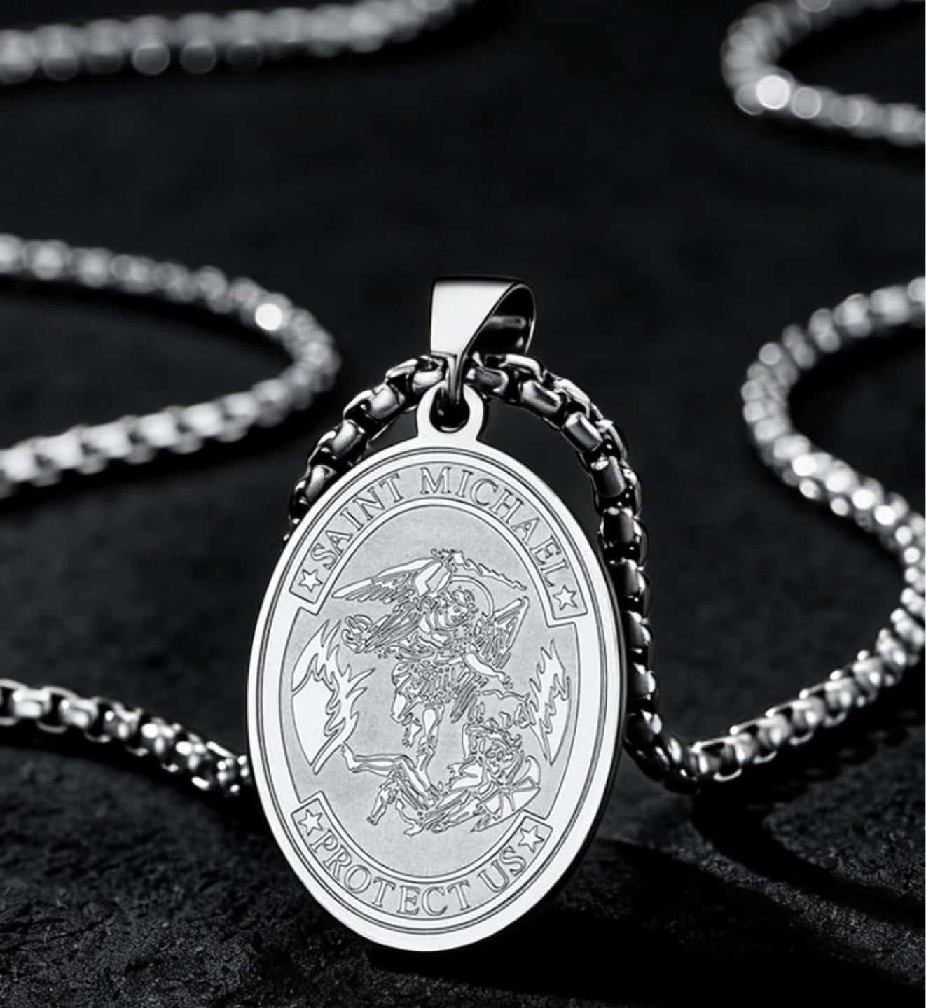 Saint Michael Pendant Necklace - 24” L - Stainless Steel