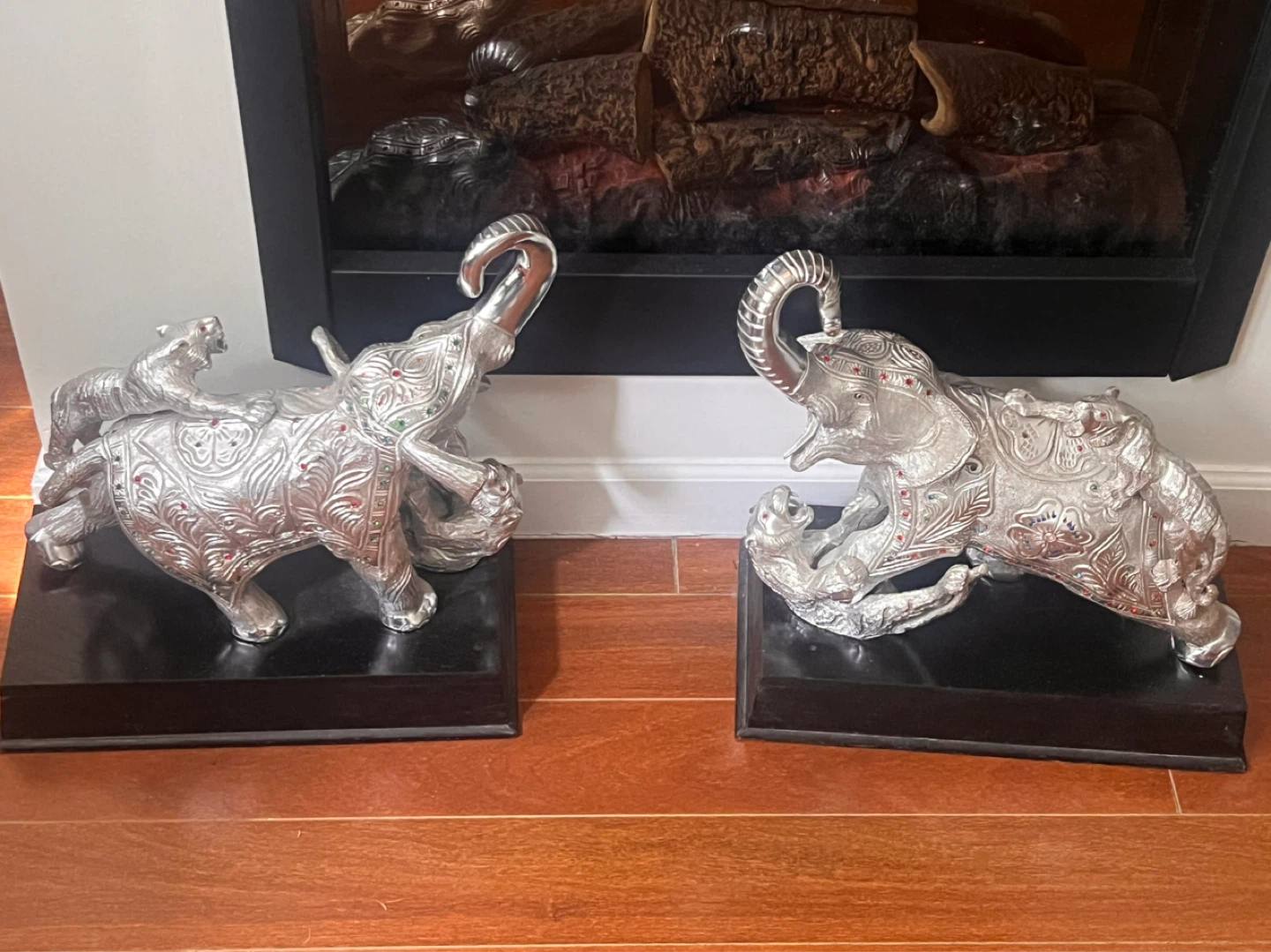 Set of 2 Silver Elephants with Tiger Figurines
