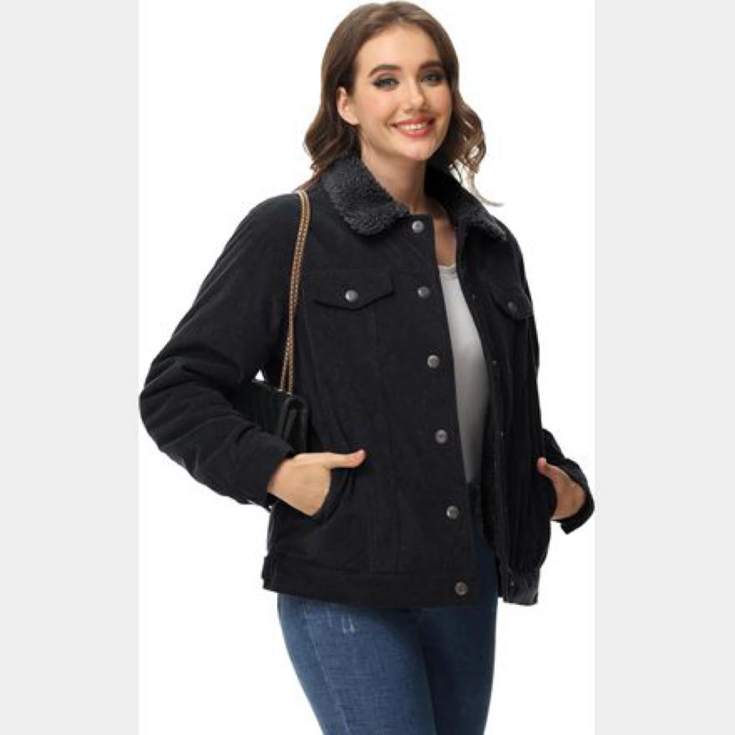 Free delivery Women's Black Corduroy Sherpa Lined Jacket