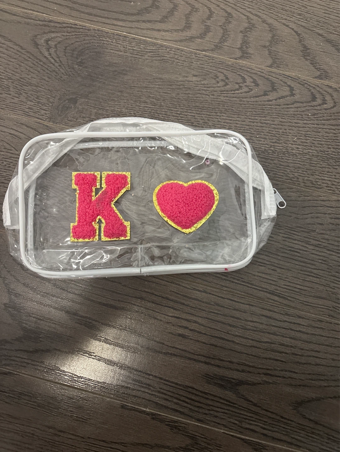Clear pouch with 'K' and heart applique