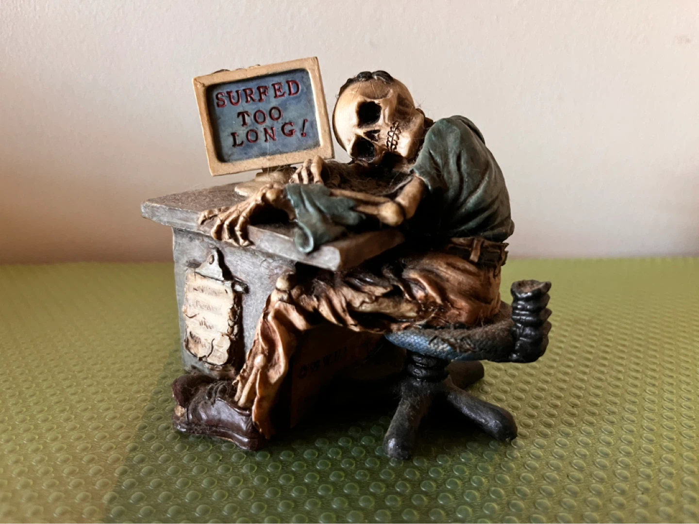 Skeleton at Desk Computer Figurine "Surfed Too Long!"