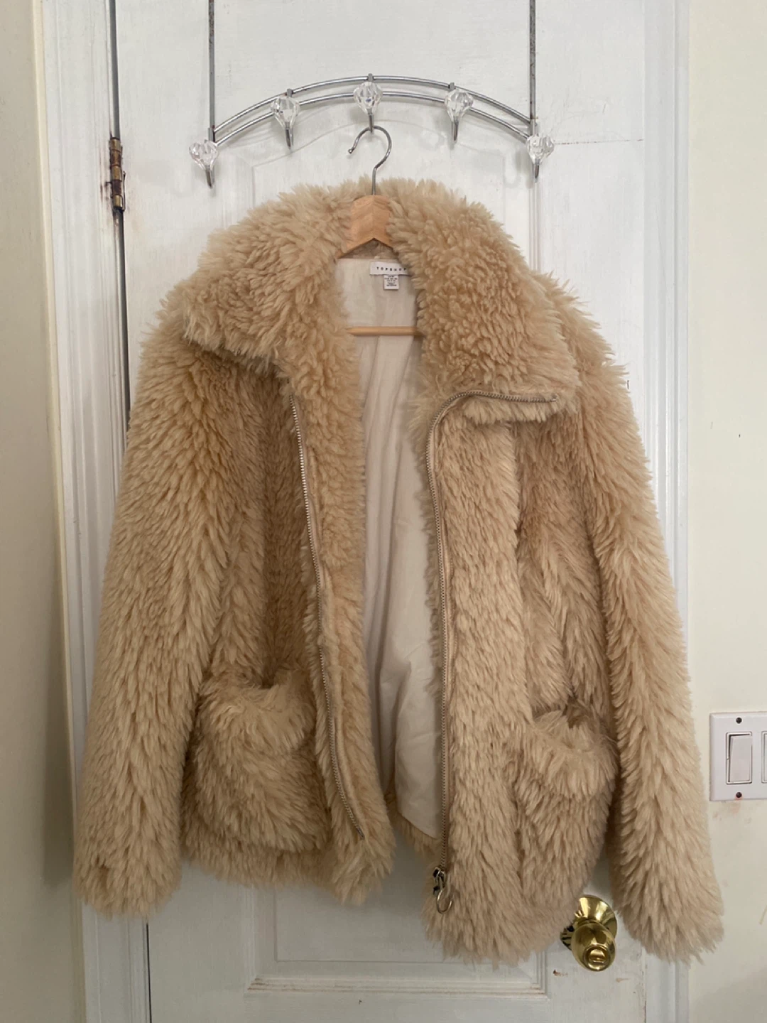 TOPSHOP Women's Furry Teddy Jacket - Beige, Size M