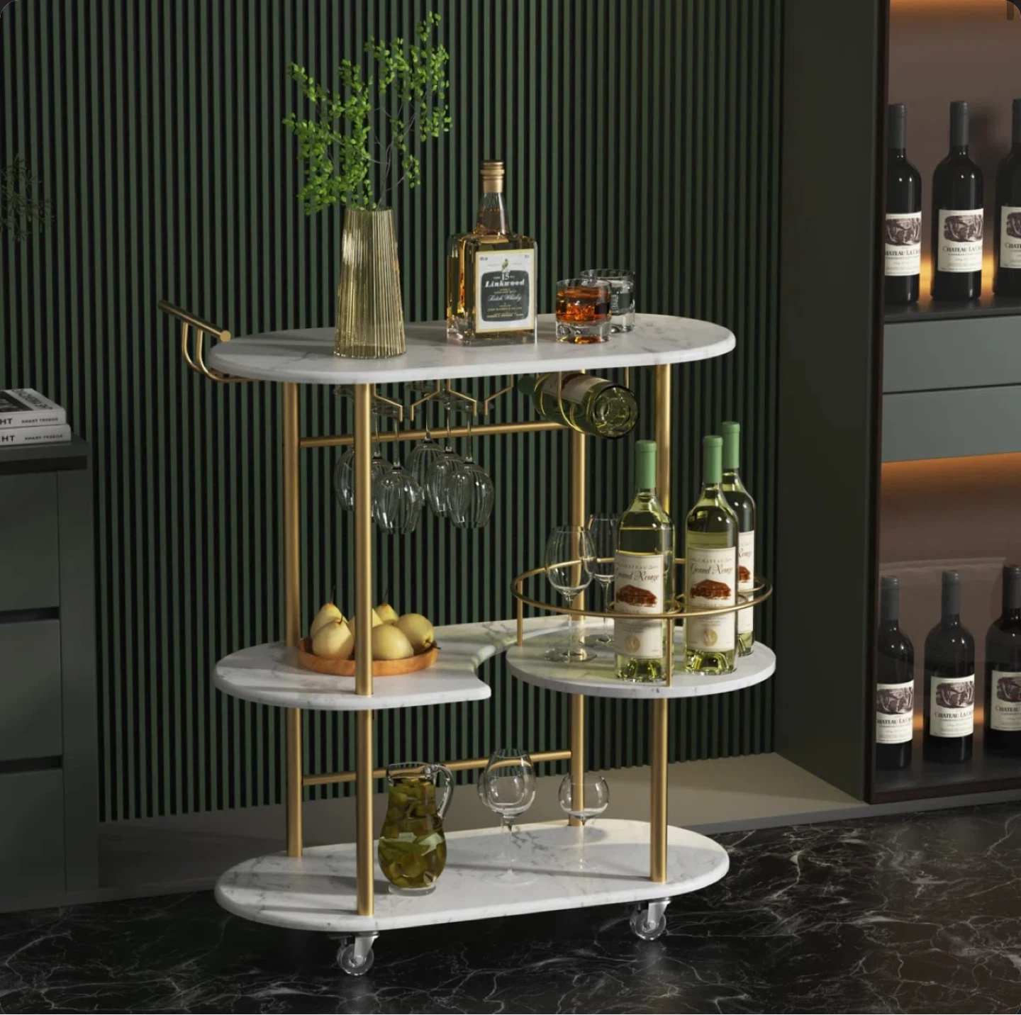 Rolling Bar Cart with Wine Glass Rack - photo 2